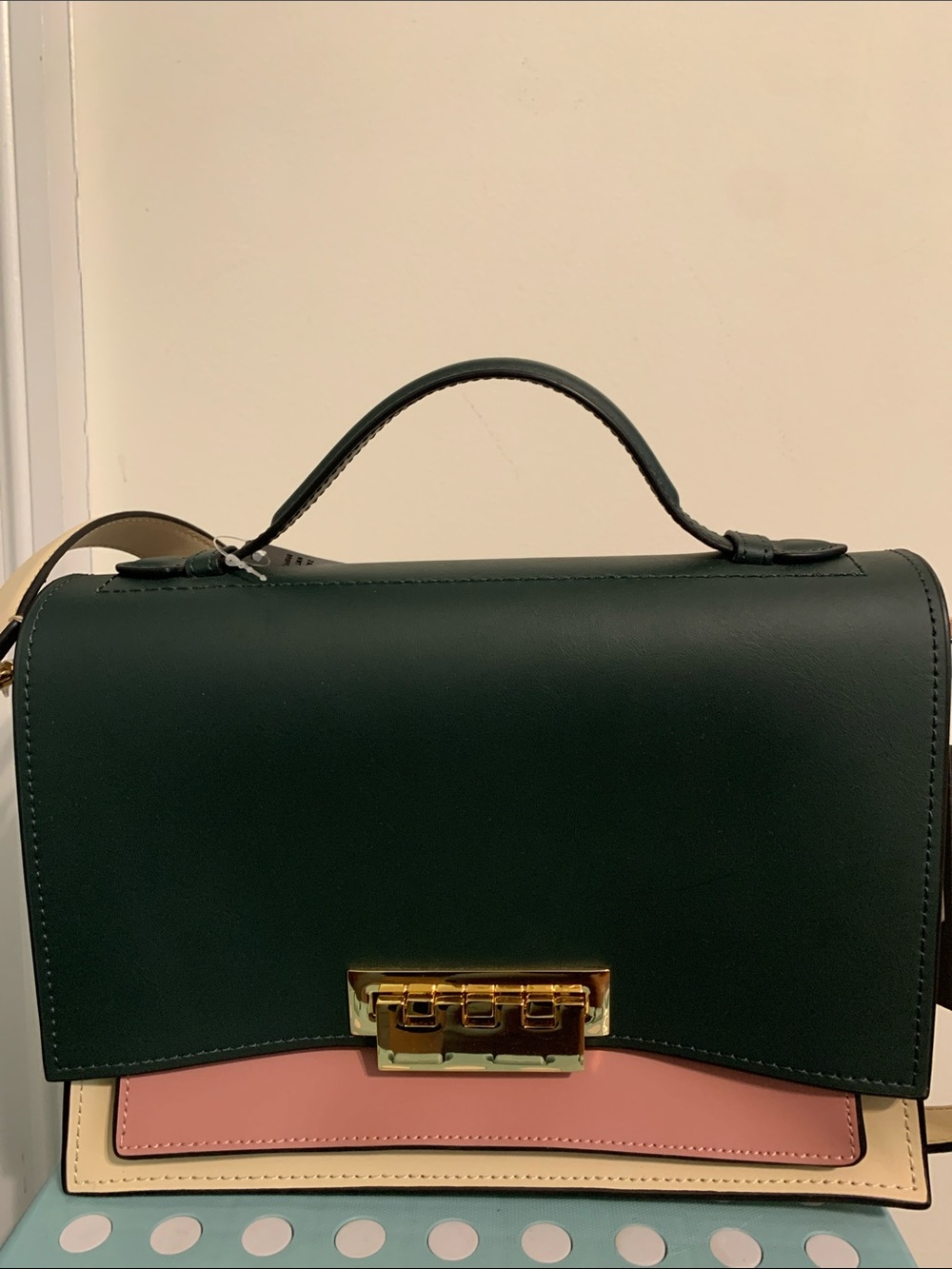 Zac Posen Dark Green, Pink & Cream Colorblock Top-Handle Satchel